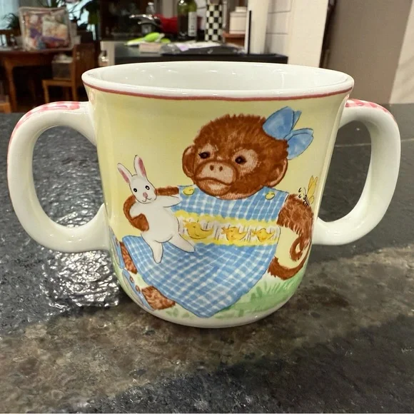Childs Mug Two Handled Kelly B. Rightsell Designs Portugal Monkey & Turtle EUC - Picture 2 of 10